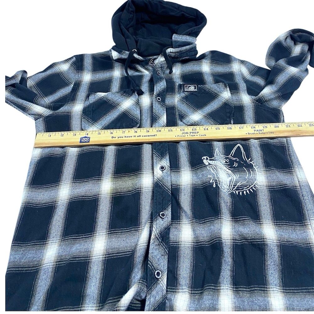 Lurking Class Flannel Shirt Hoodie Mens L Black Plaid Button Up Hooded Dog - Picture 9 of 10
